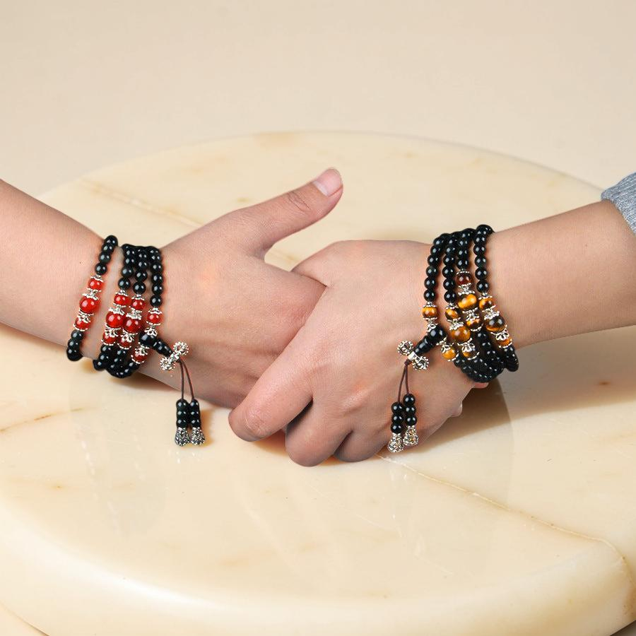 Mâlâ 108 Perles en Obsidienne, Œil de Tigre/Agate - Tigridienne