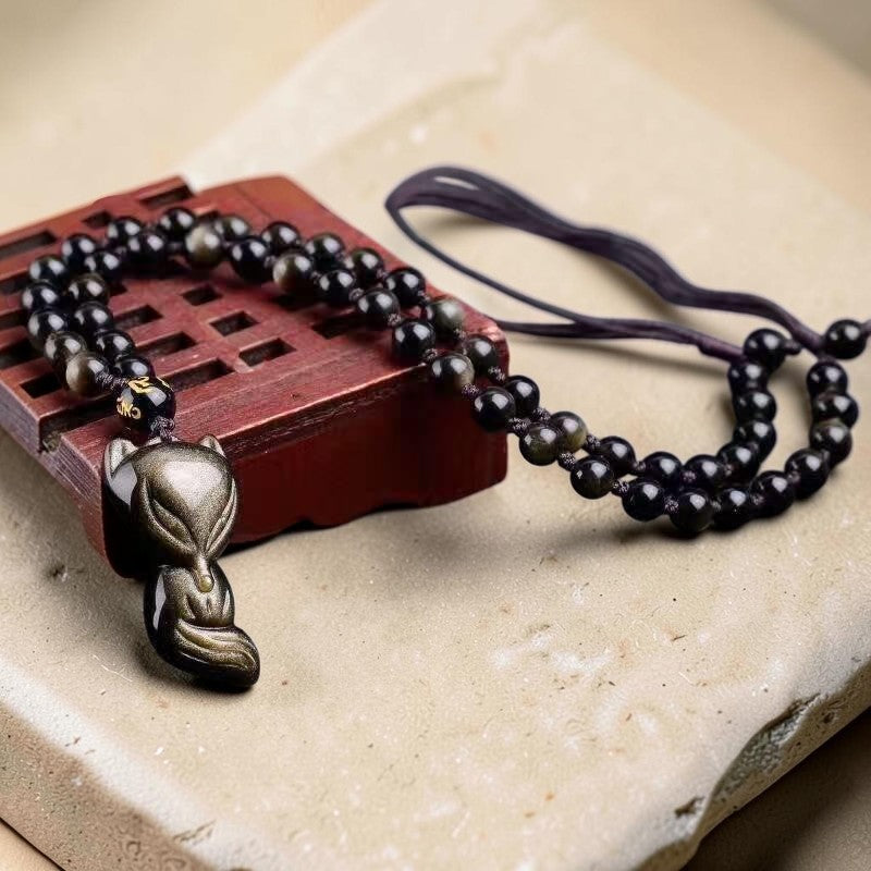 Pendentif Renard Sage en Obsidienne Dorée