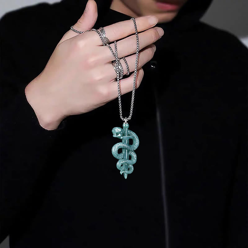 Collier Épée & Serpent en Jade Naturel et Argent Sterling 925