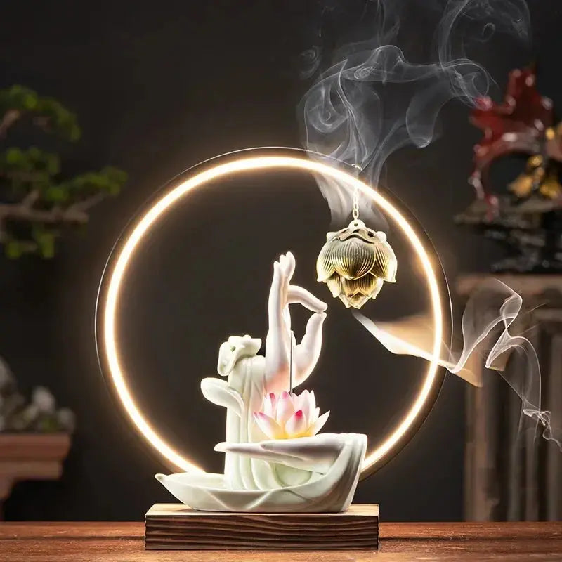 Satori Lumineux · Fontaine d’Encens LED Lotus & Mudrā