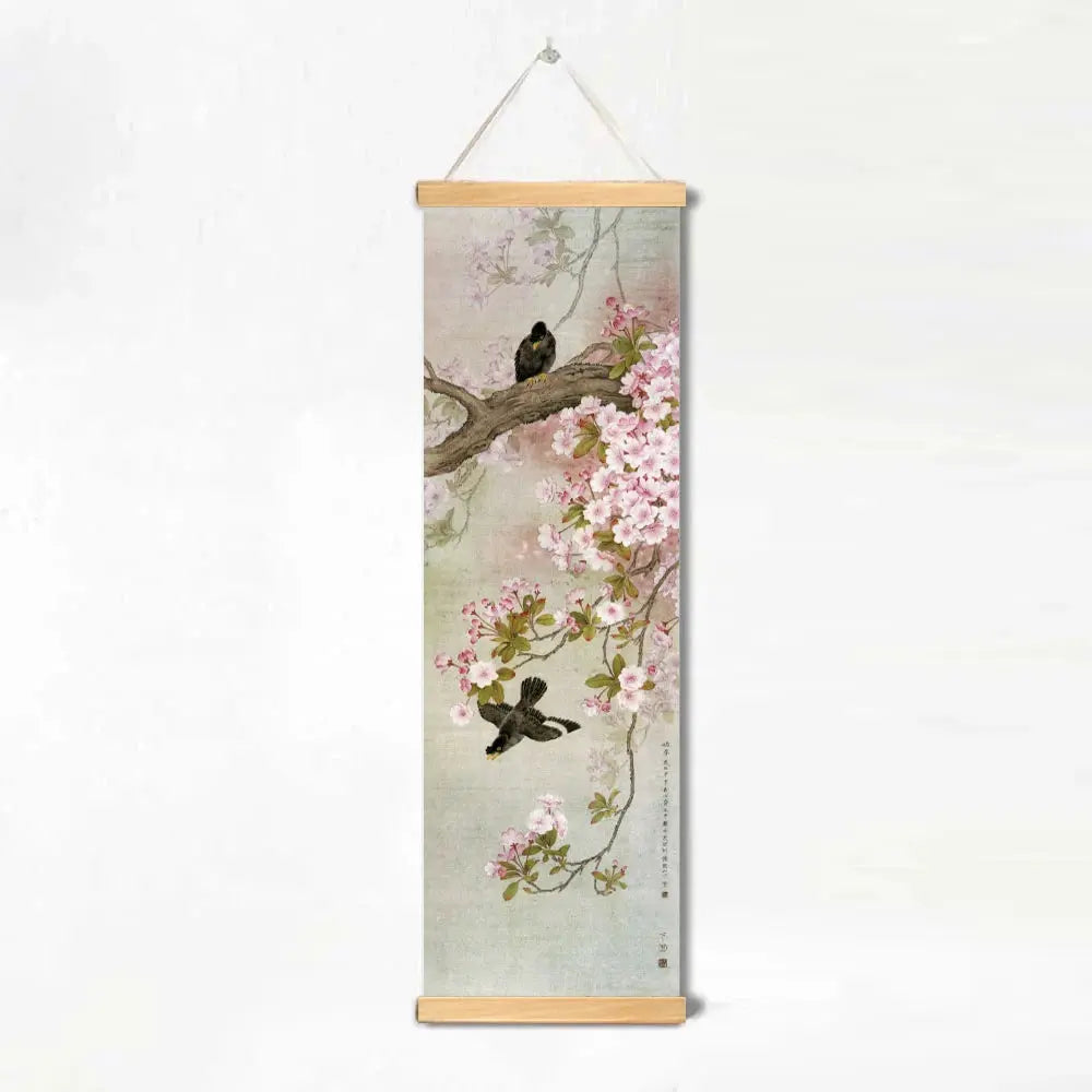 Décoration Murale Japonaise Zen aux Oiseaux et Fleurs (Kakemono)