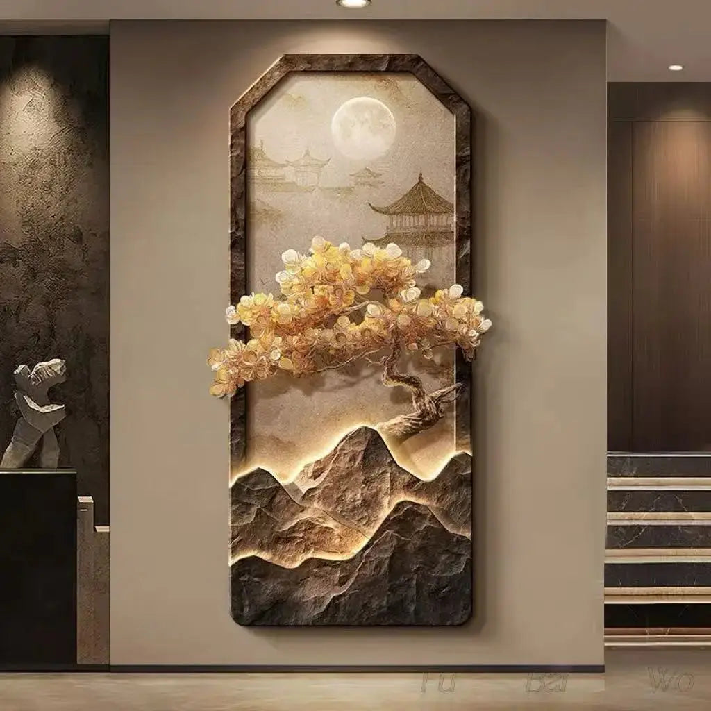 Décoration Murale Japonaise Lumineuse avec Arbre Doré et Paysage Zen