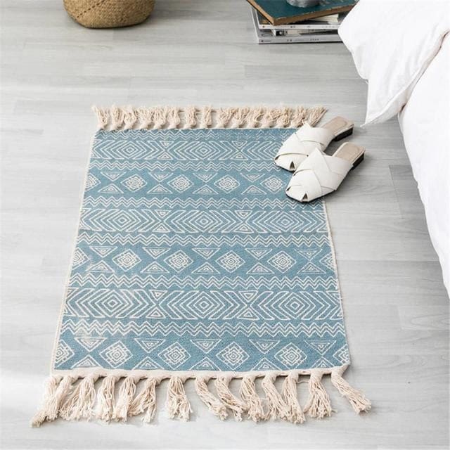 Tapis Zen Turc fait main en coton Kilim avec frange Bleue – Style Zen & Déco
