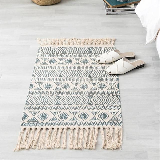 Tapis Zen Turc fait main en coton Kilim avec frange Cyan Élégance & Détente