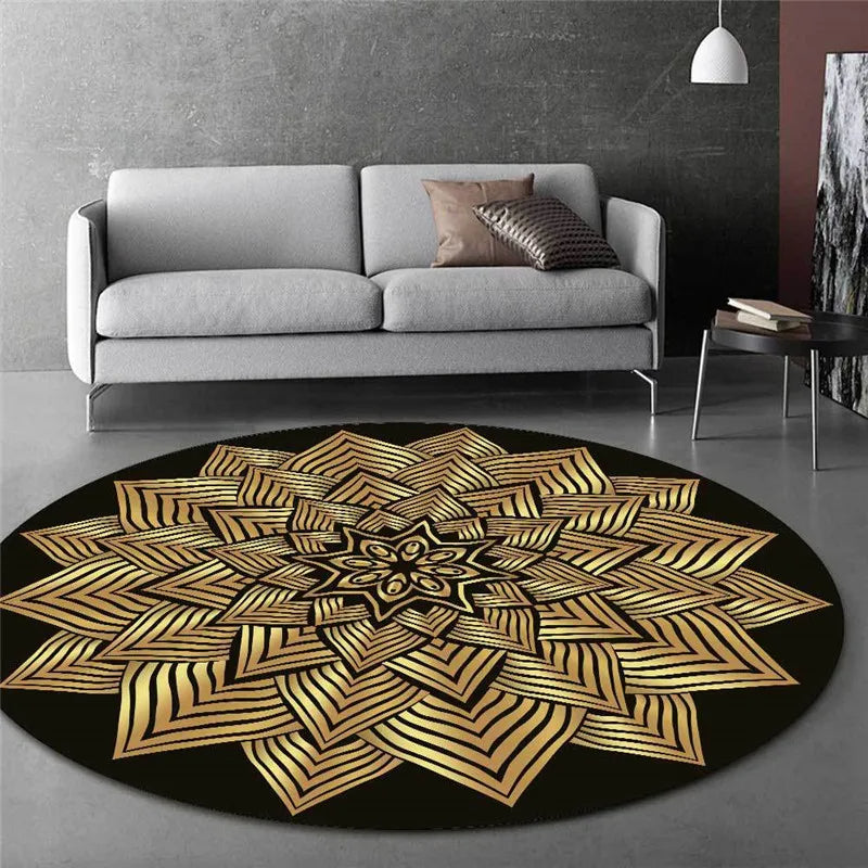Tapis Rond Noir Mandalas Dorés – Déco Zen & Coin Méditation