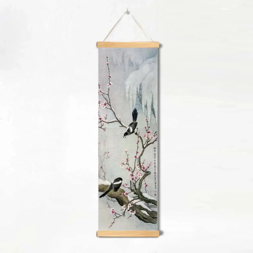 Décoration Murale Japonaise Zen aux Oiseaux et Fleurs (Kakemono)