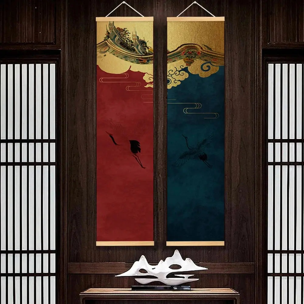 Kakemono Japonais Zen aux Grues et Fleurs de Cerisier