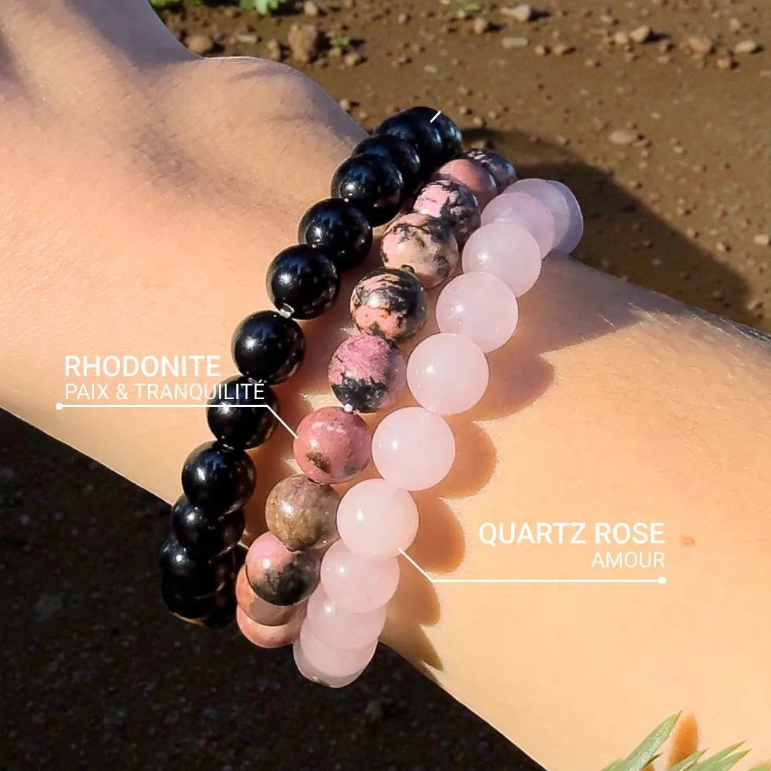 Trio de Bracelets Paix & Équilibre en Onyx, Quartz Rose & Rhodonite
