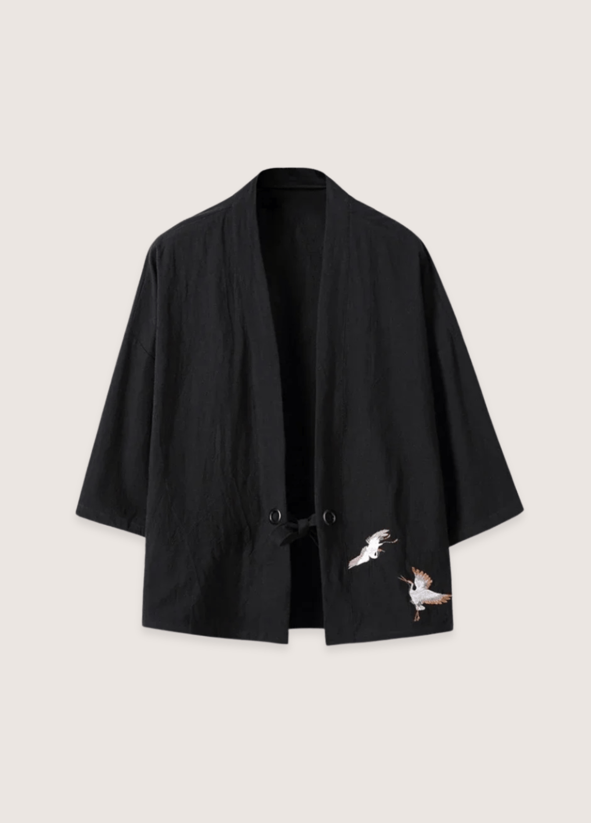 Veste kimono mixte lin motif grue noir