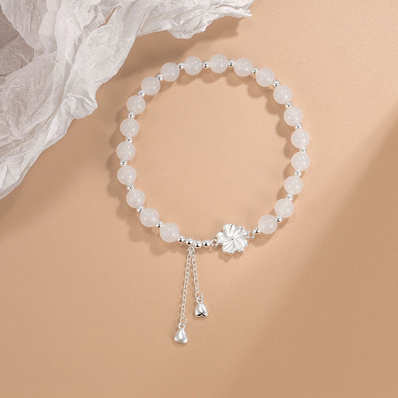 Bracelet Porte-Bonheur en Jade Blanc & Fleur de Pêcher (Jade Naturel)