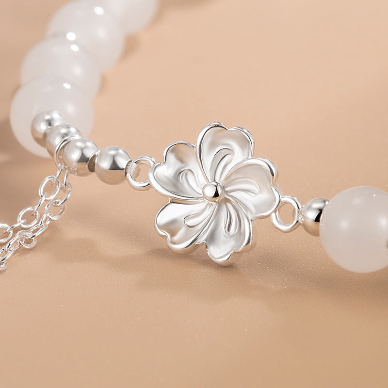 Bracelet Porte-Bonheur en Jade Blanc & Fleur de Pêcher (Jade Naturel)