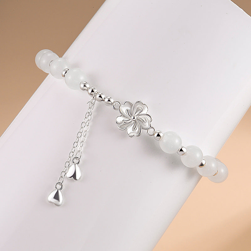 Bracelet Porte-Bonheur en Jade Blanc & Fleur de Pêcher (Jade Naturel)