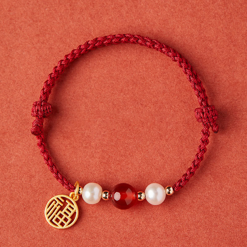 Bracelet Fil Rouge en Argent Sterling 925 avec Symbole Fu (福)