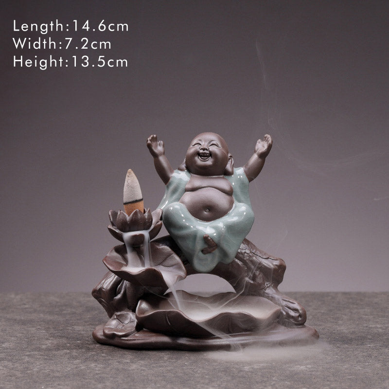 Brûleur d’Encens en Céramique Lotus & Petit Moine à Reflux