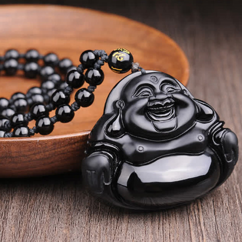 Pendentif Bouddha Rieur en Obsidienne Noire Naturelle