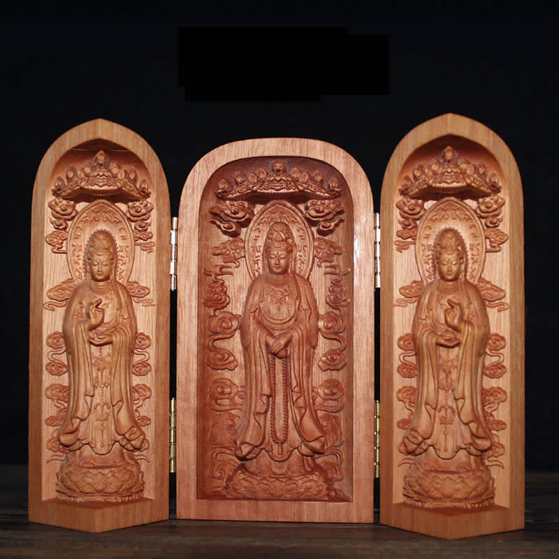 Autel de décoration pour la maison en bois de cerisier Bouddha Kwan Yin Avalokitesvara Compassion