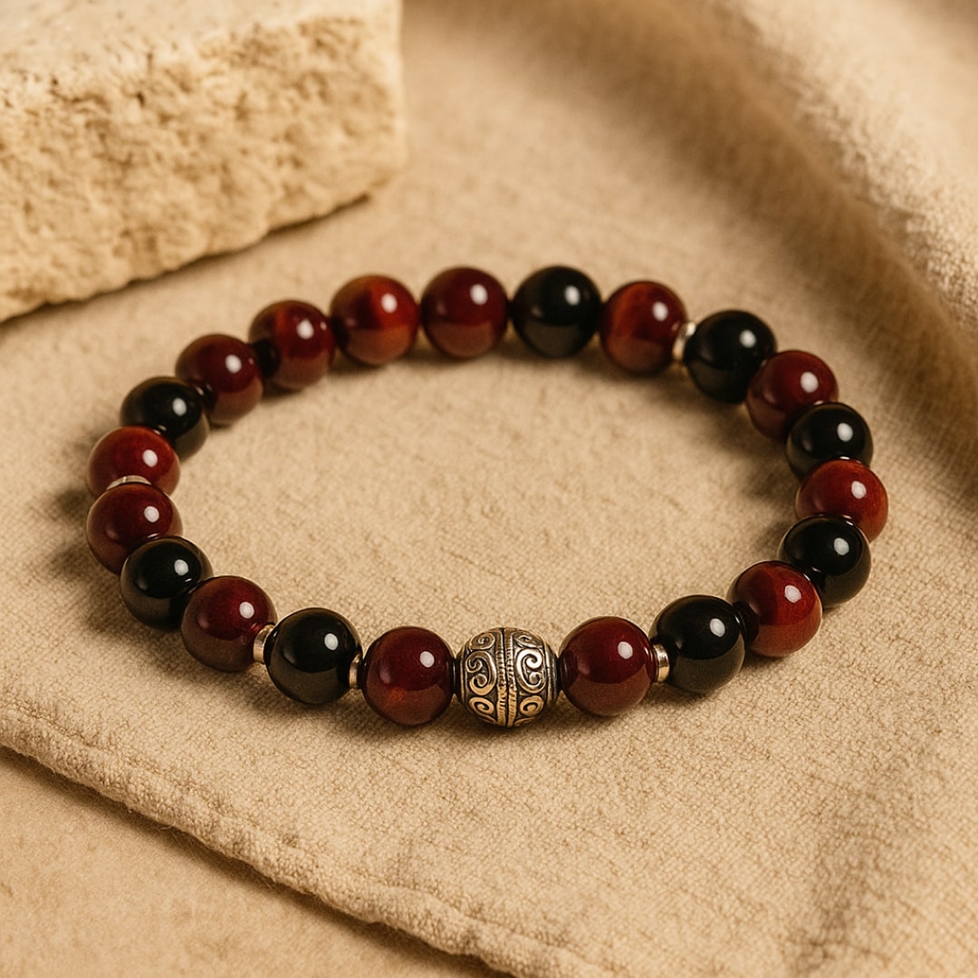 Bracelet Premium Flamme Ardente en Grenat, Œil de Taureau & Obsidienne noire
