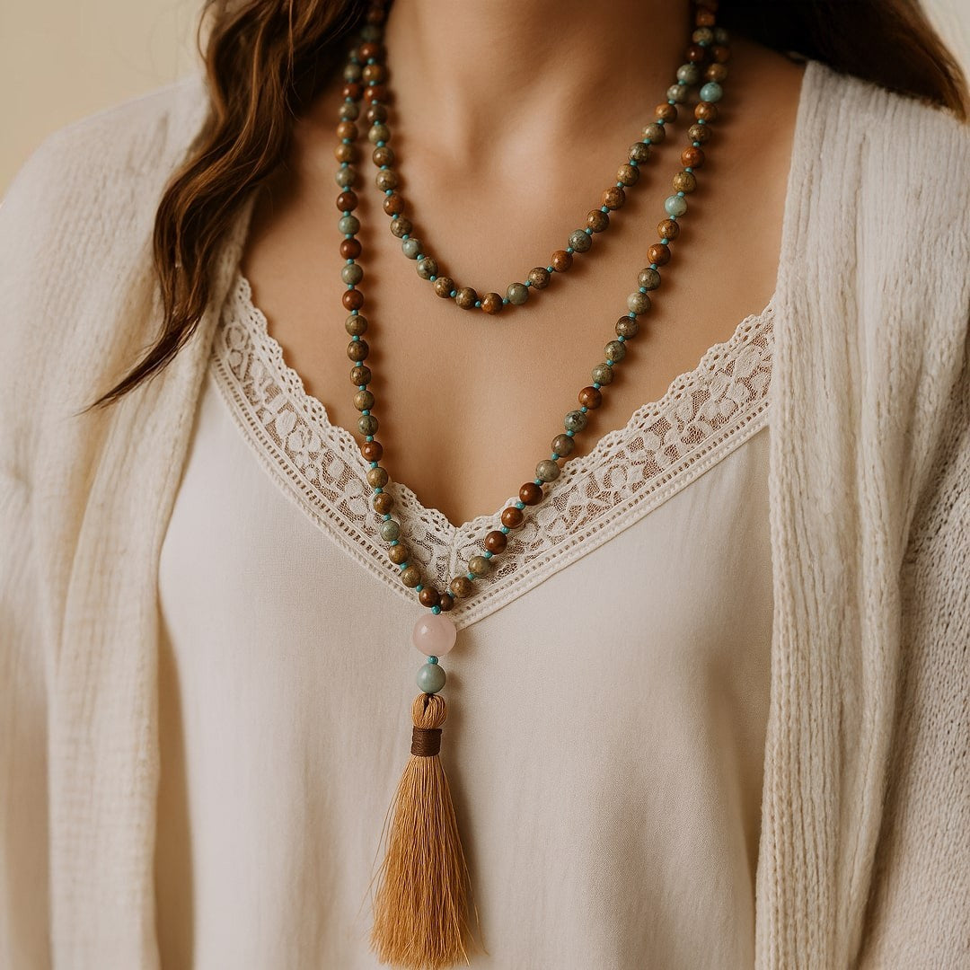 Collier Mala 108 Perles en Jaspe Aqua Terra, Amazonite & Quartz Rose