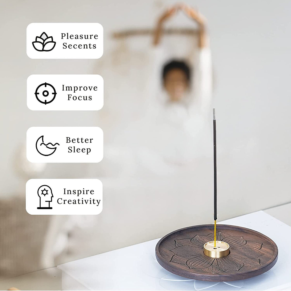 Porte-Encens en Noyer Noir & Laiton – Lotus Sculpté (12 cm)