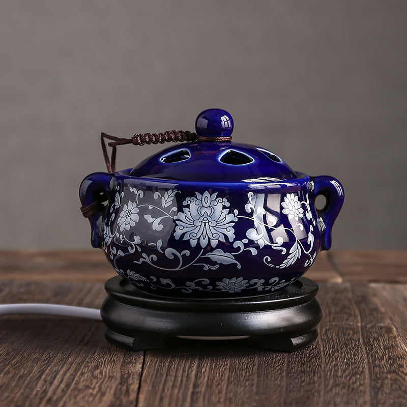 Brûleur d’Encens Électrique Cloisonné Bleu – Motifs Floraux Peints à la Main