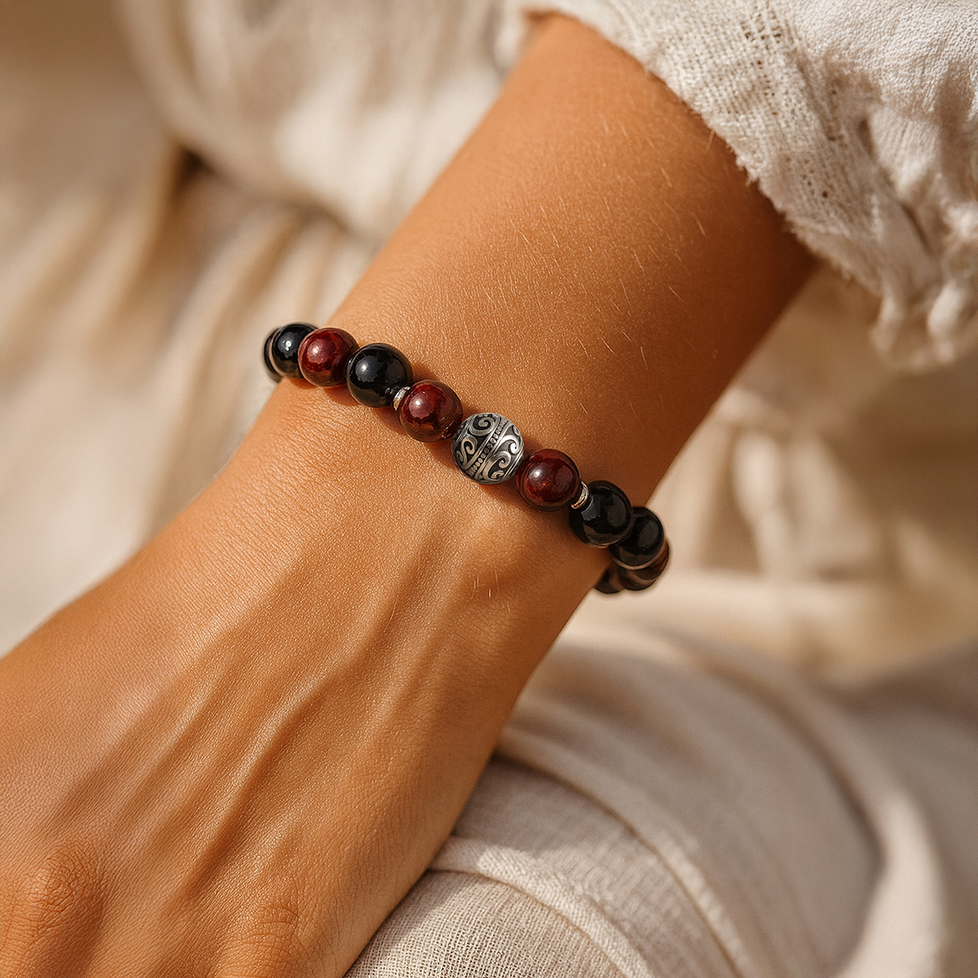 Bracelet Premium Flamme Ardente en Grenat, Œil de Taureau & Obsidienne noire