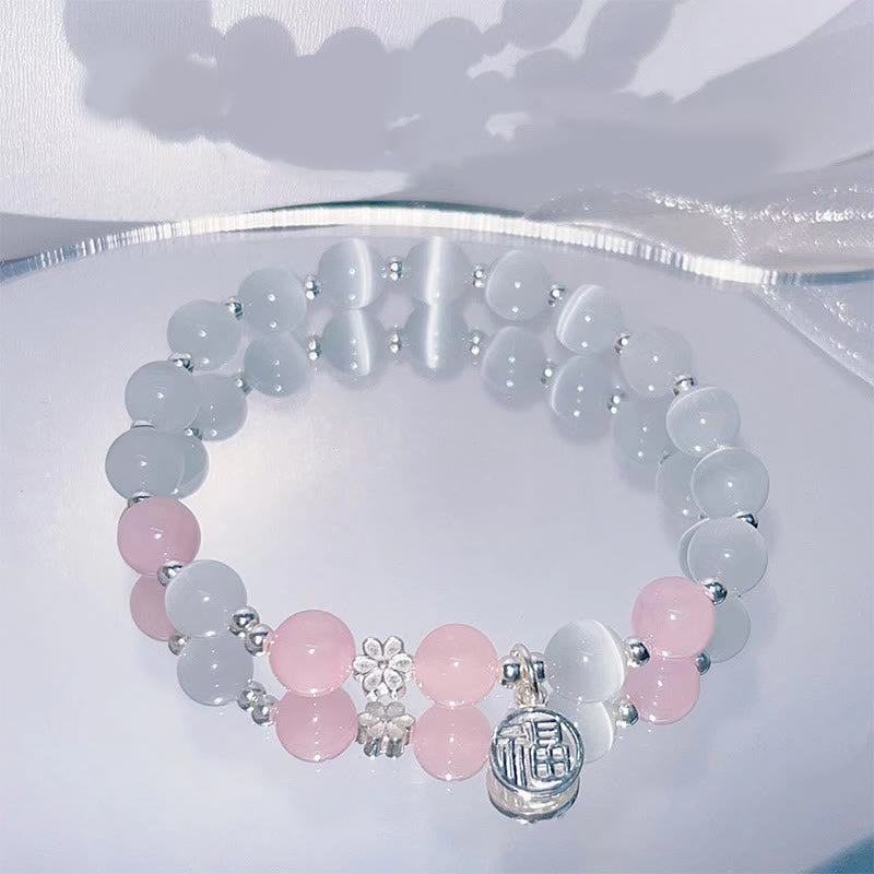 Bracelet Fu Fleur de Pêcher en Cristal Œil de Chat