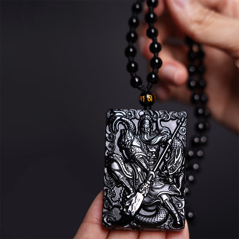 Pendentif Guan Gong en Obsidienne Noire Naturelle