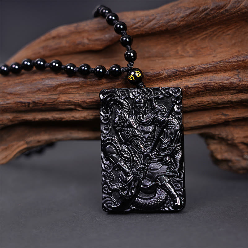 Pendentif Guan Gong en Obsidienne Noire Naturelle