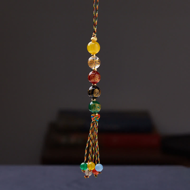 — Suspension Voiture 5 Dieux de la Richesse en Agate Naturelle — Bijou Spirituel Tibétain (8 mm / 10 mm)