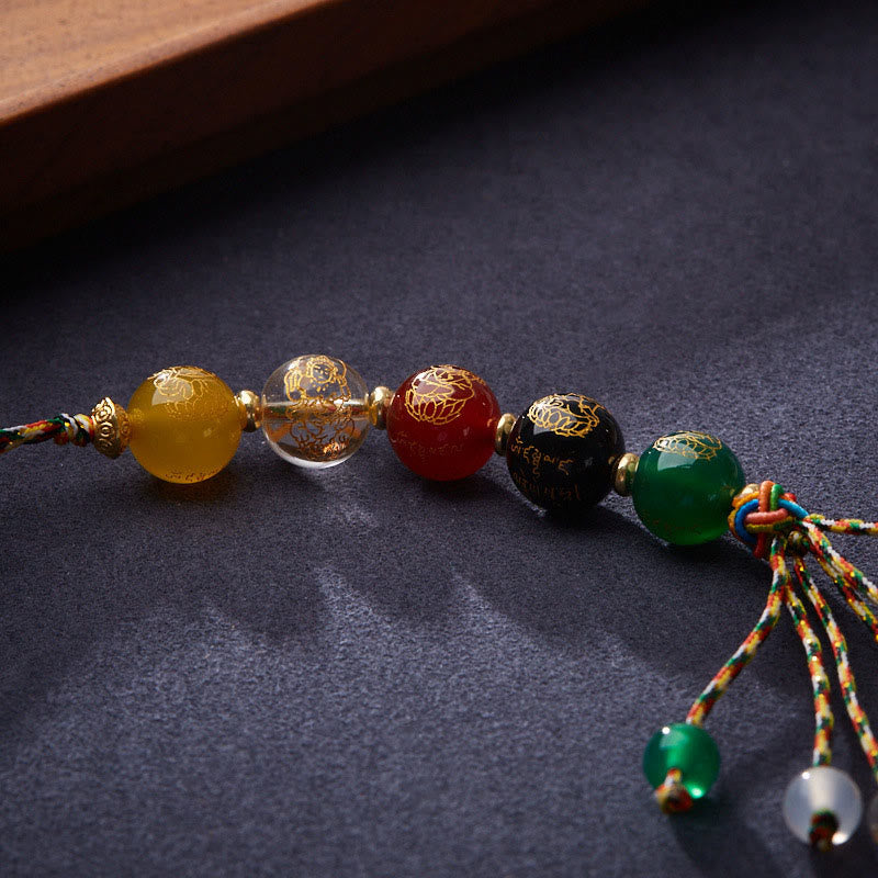 — Suspension Voiture 5 Dieux de la Richesse en Agate Naturelle — Bijou Spirituel Tibétain (8 mm / 10 mm)