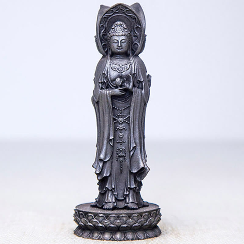 Statue de Buddha Stones en résine coulée à trois côtés Kwan Yin Avalokitesvara en poudre de fer et rouille Décoration de bureau