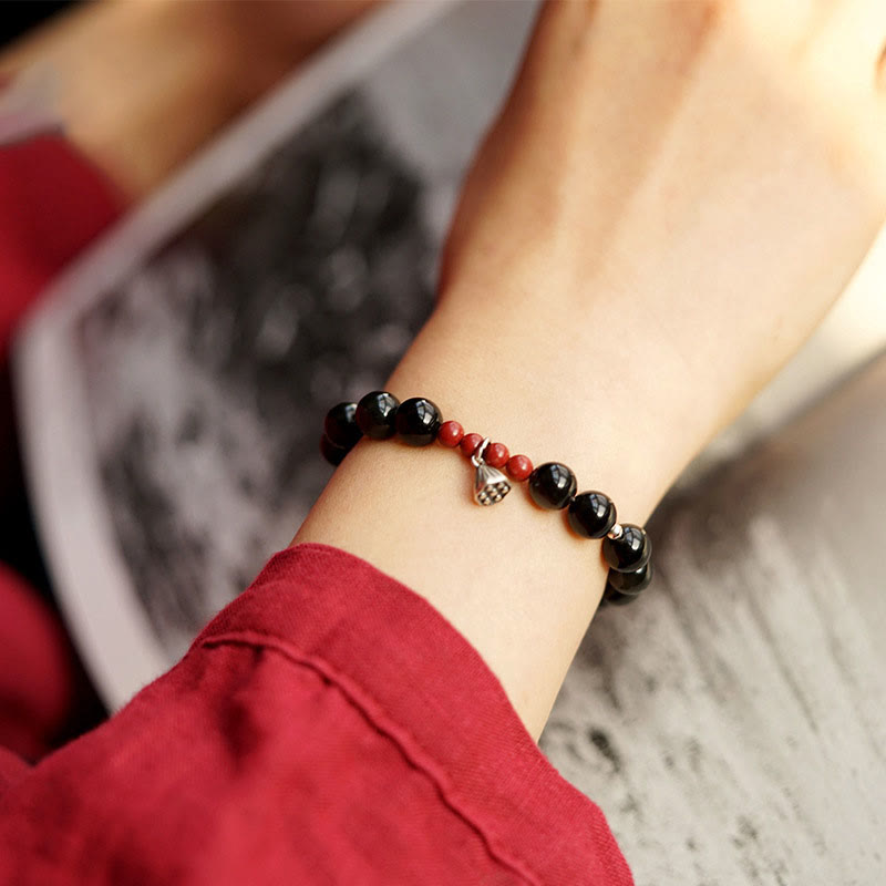 Bracelet Force Protectrice en Obsidienne Noire & Lotus – Perles 6 ou 8 mm