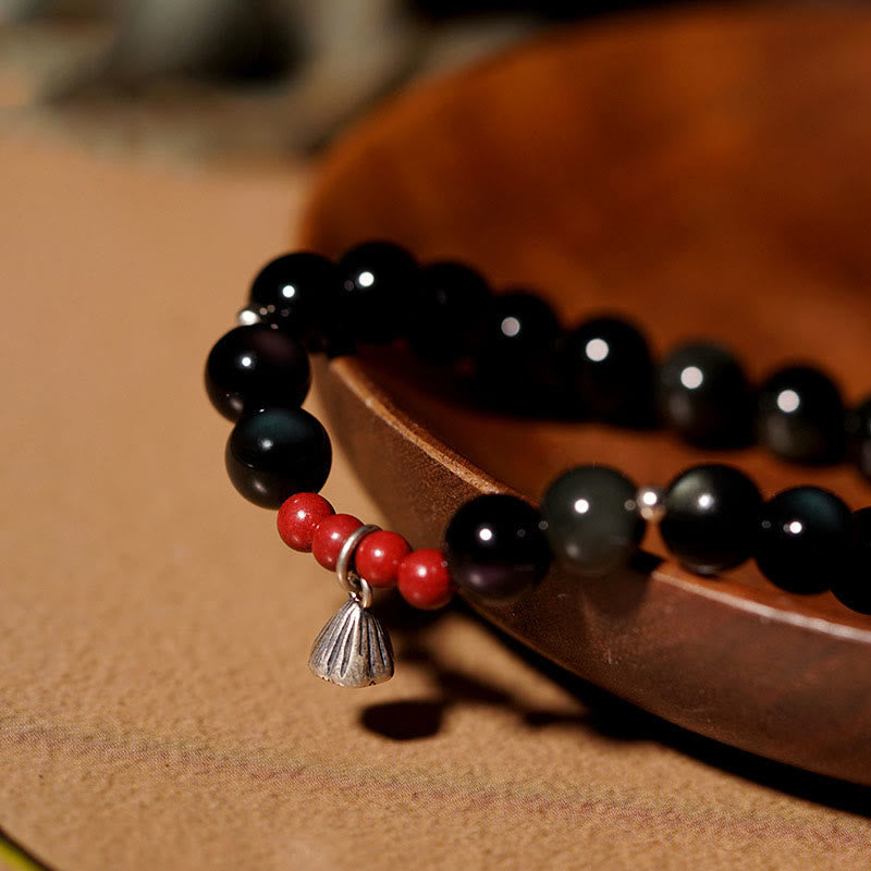 Bracelet Force Protectrice en Obsidienne Noire & Lotus – Perles 6 ou 8 mm