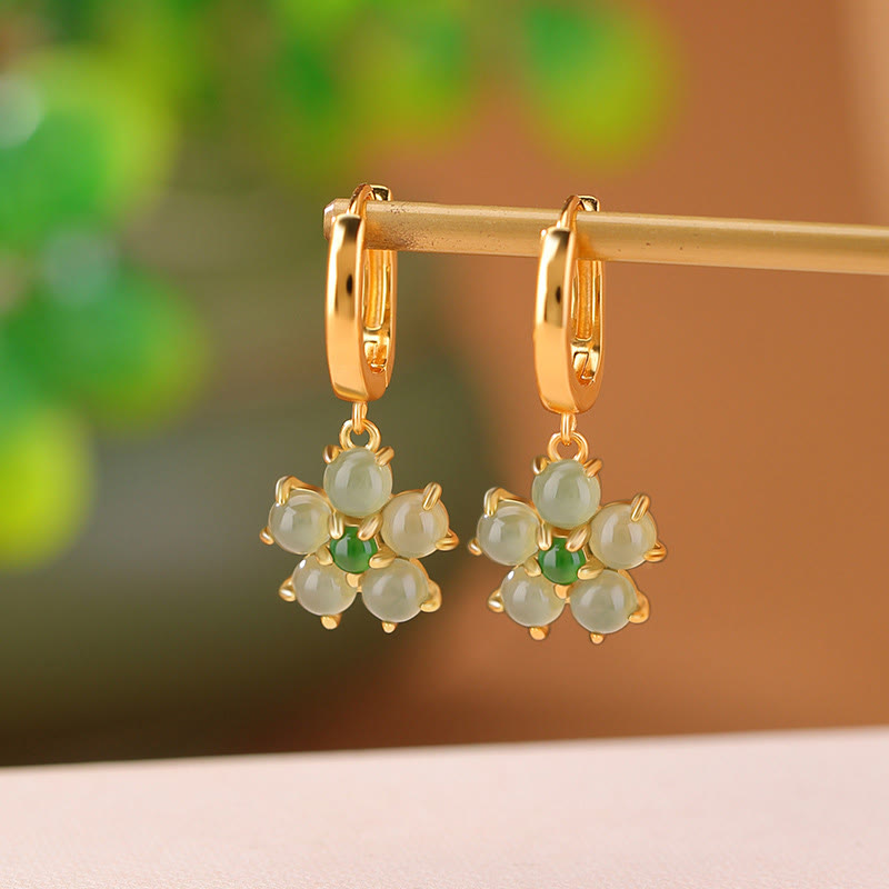 Boucles d’Oreilles Fleur en Jade Vert Naturel & Argent 925 Plaqué Or