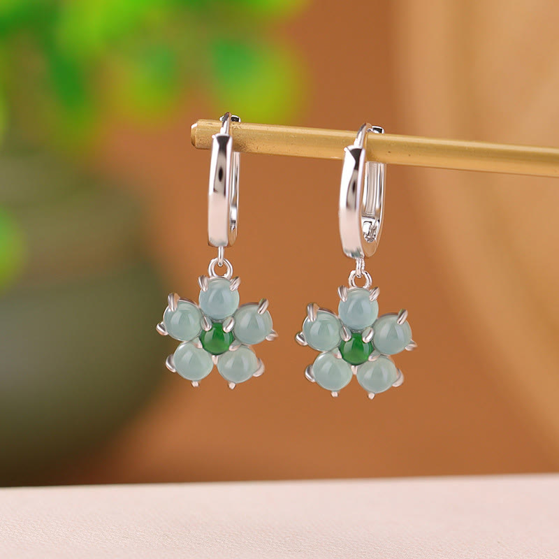 Boucles d’Oreilles Fleur en Jade Vert Naturel & Argent 925 Plaqué Or