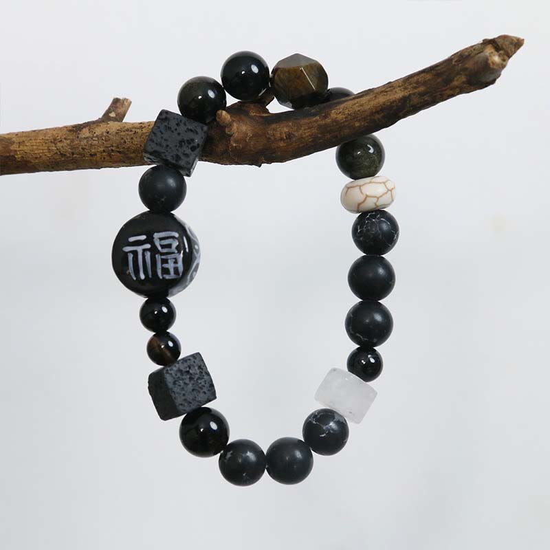 Bracelet en Agate & Onyx Noir 8 mm avec Symbole Fu (Protection & Fortune)