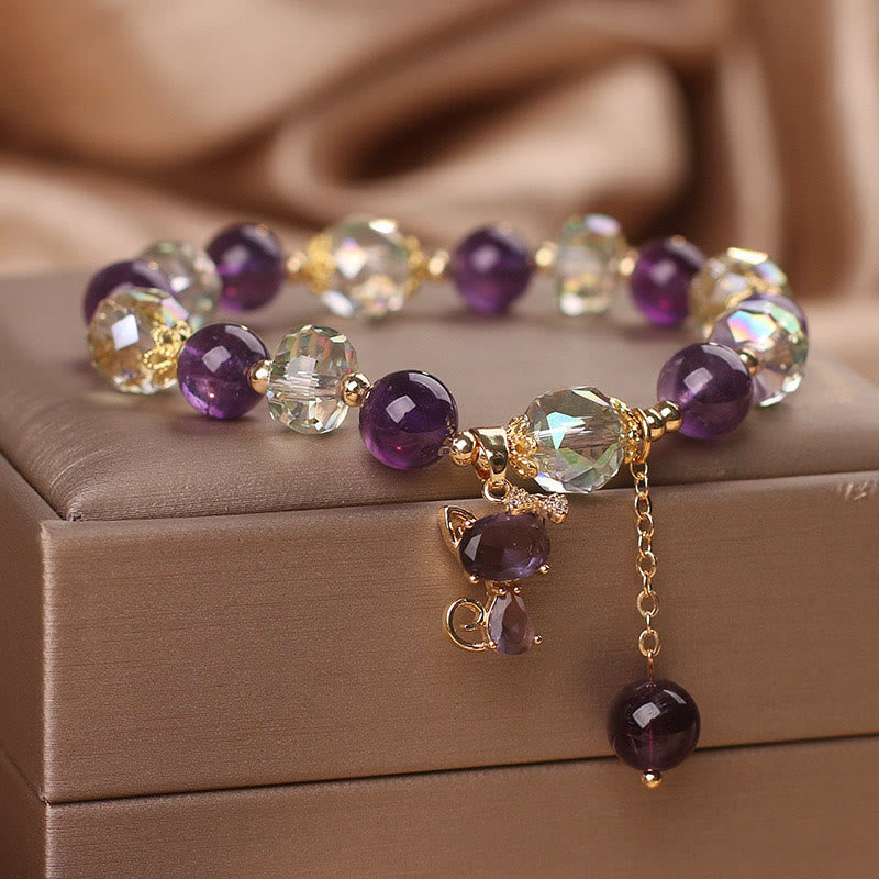 Bracelet Méditation en Améthyste & Quartz Clair avec Breloque Renard | Sérénité & Clarté Symbolique