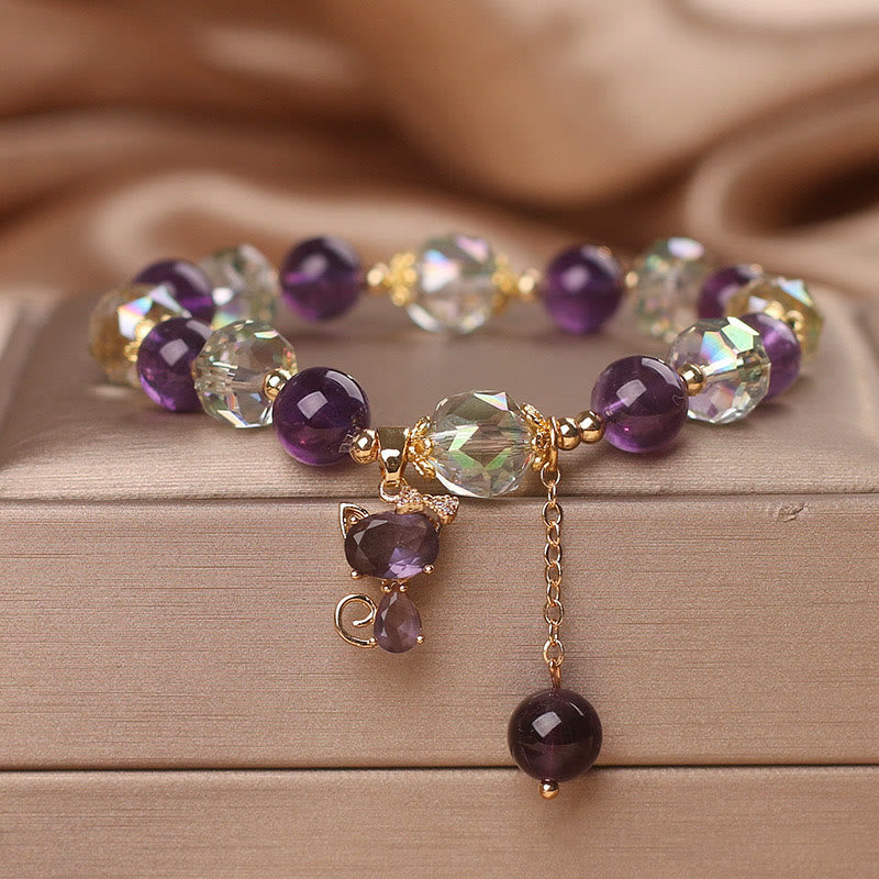 Bracelet Méditation en Améthyste & Quartz Clair avec Breloque Renard | Sérénité & Clarté Symbolique