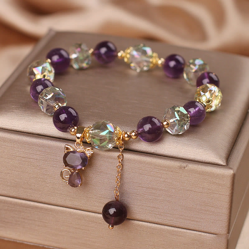 Bracelet Méditation en Améthyste & Quartz Clair avec Breloque Renard | Sérénité & Clarté Symbolique