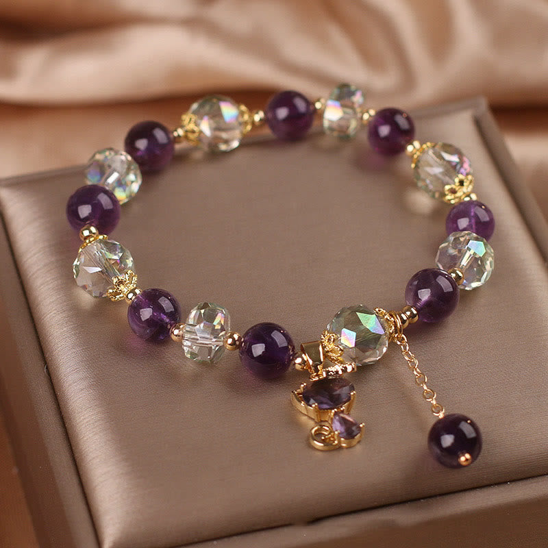 Bracelet Méditation en Améthyste & Quartz Clair avec Breloque Renard | Sérénité & Clarté Symbolique