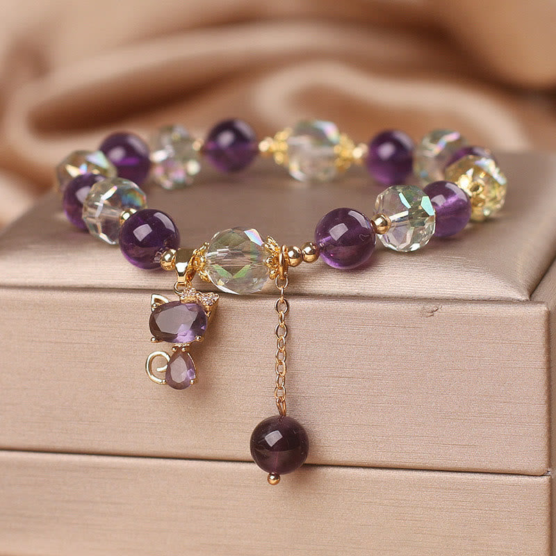 Bracelet Méditation en Améthyste & Quartz Clair avec Breloque Renard | Sérénité & Clarté Symbolique