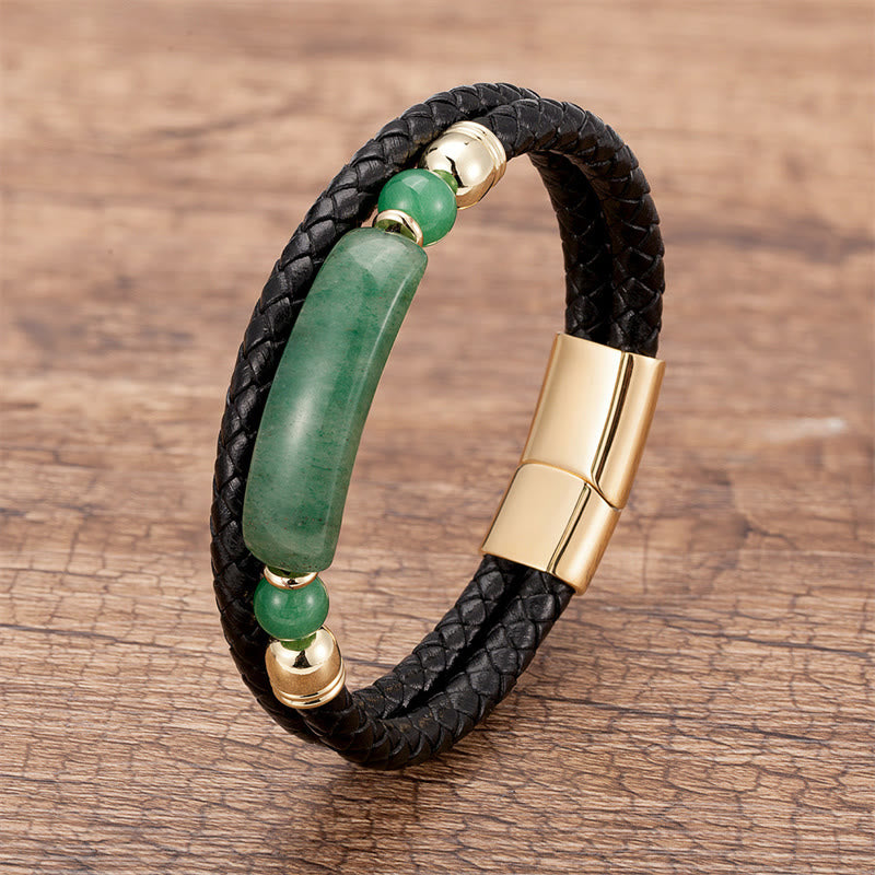 Bracelet en Cuir & Pierre Naturelle Œil de Tigre Doré, Fermoir Magnétique