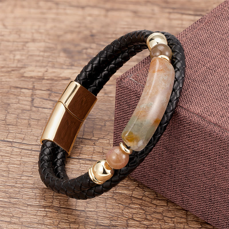 Bracelet en Cuir & Pierre Naturelle Œil de Tigre Doré, Fermoir Magnétique