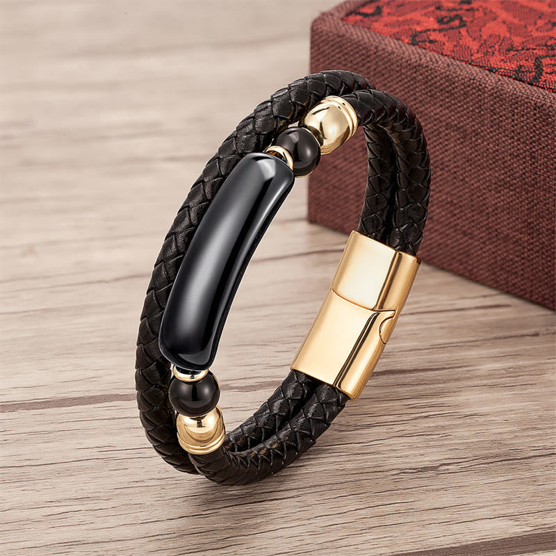 Bracelet en Cuir & Pierre Naturelle Œil de Tigre Doré, Fermoir Magnétique
