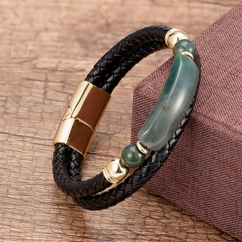 Bracelet en Cuir & Pierre Naturelle Œil de Tigre Doré, Fermoir Magnétique