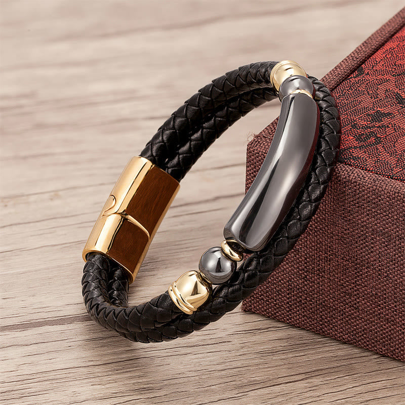 Bracelet en Cuir & Pierre Naturelle Œil de Tigre Doré, Fermoir Magnétique