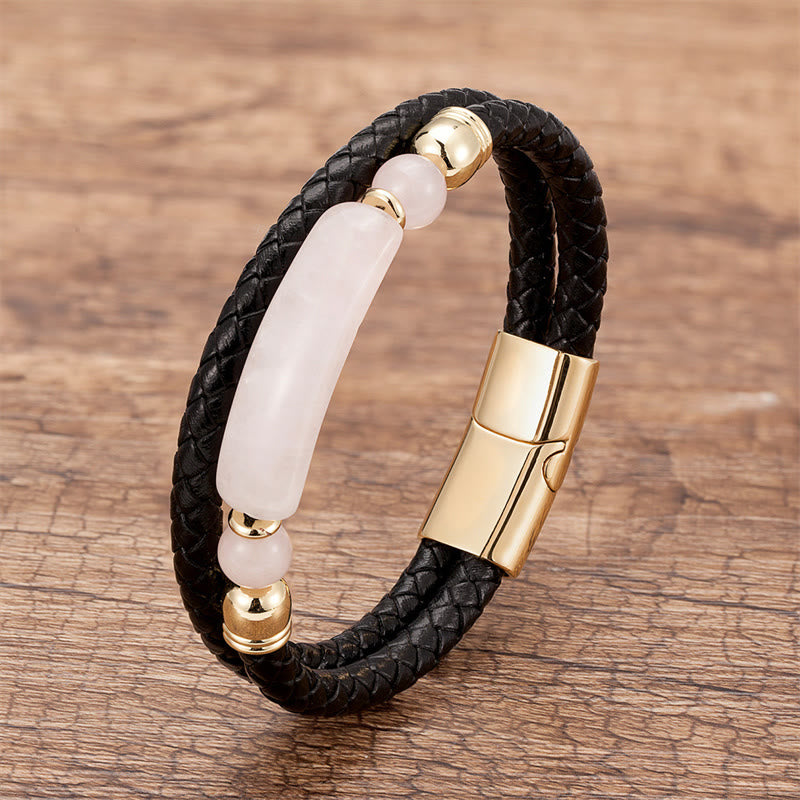 Bracelet en Cuir & Pierre Naturelle Œil de Tigre Doré, Fermoir Magnétique