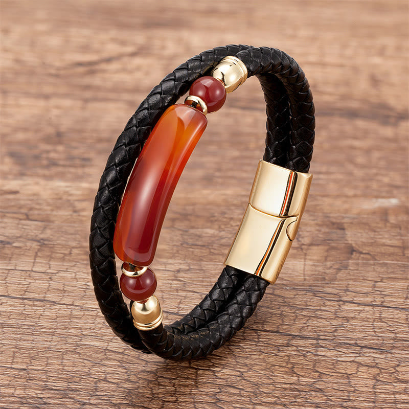 Bracelet en Cuir & Pierre Naturelle Œil de Tigre Doré, Fermoir Magnétique