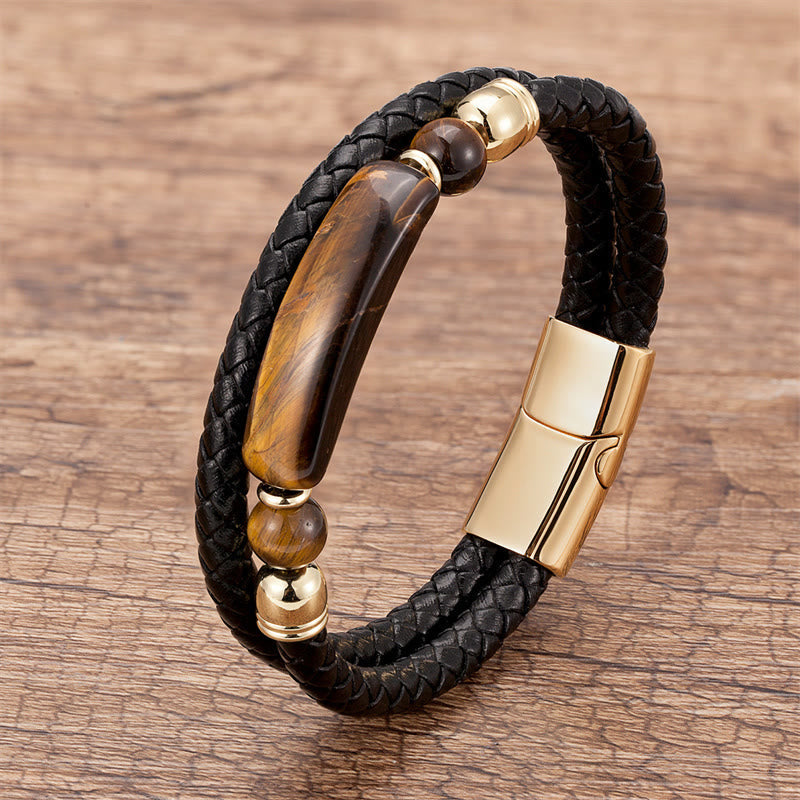 Bracelet en Cuir & Pierre Naturelle Œil de Tigre Doré, Fermoir Magnétique