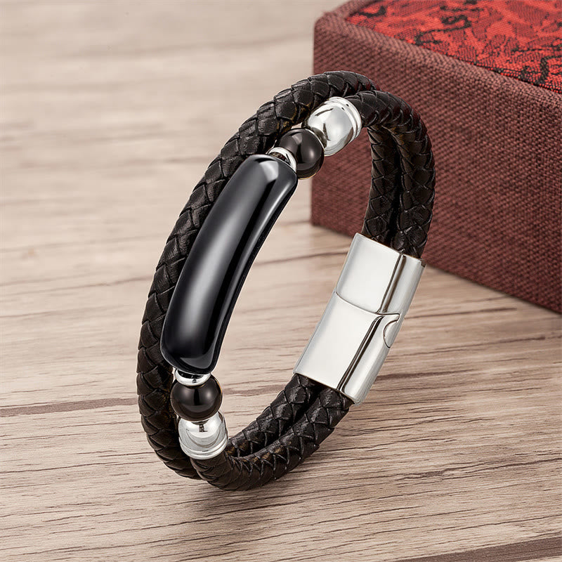 Bracelet en Cuir & Pierre Naturelle Œil de Tigre Doré, Fermoir Magnétique